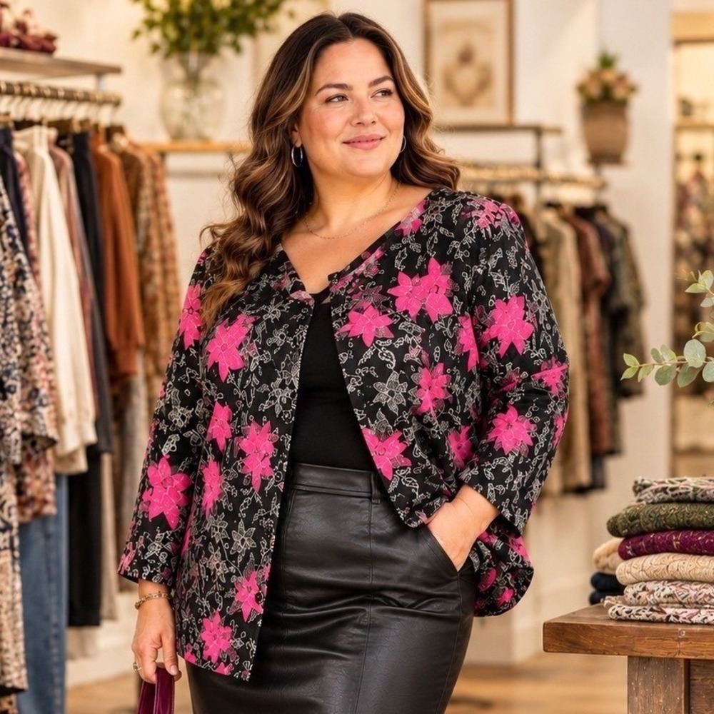 Ulla Popken Floral Jacquard Jacket 16 18 Black Gray Raspberry